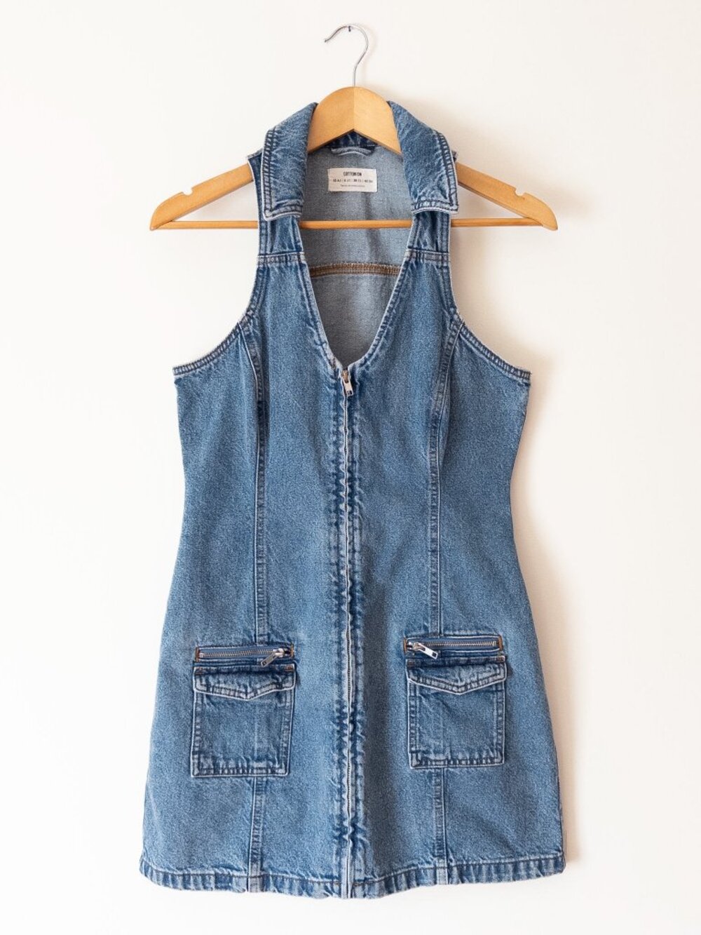Cotton On Denim Mini Dress Blue Sleeveless Zip Front Collared Y2K Size 6